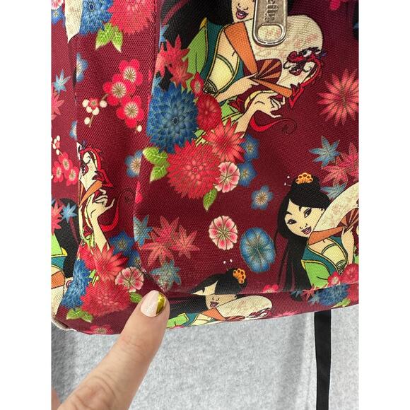 Disney Loungefly Mulan Backpack Maroon Floral Print Nylon Zip Up Pockets - Picture 4 of 9